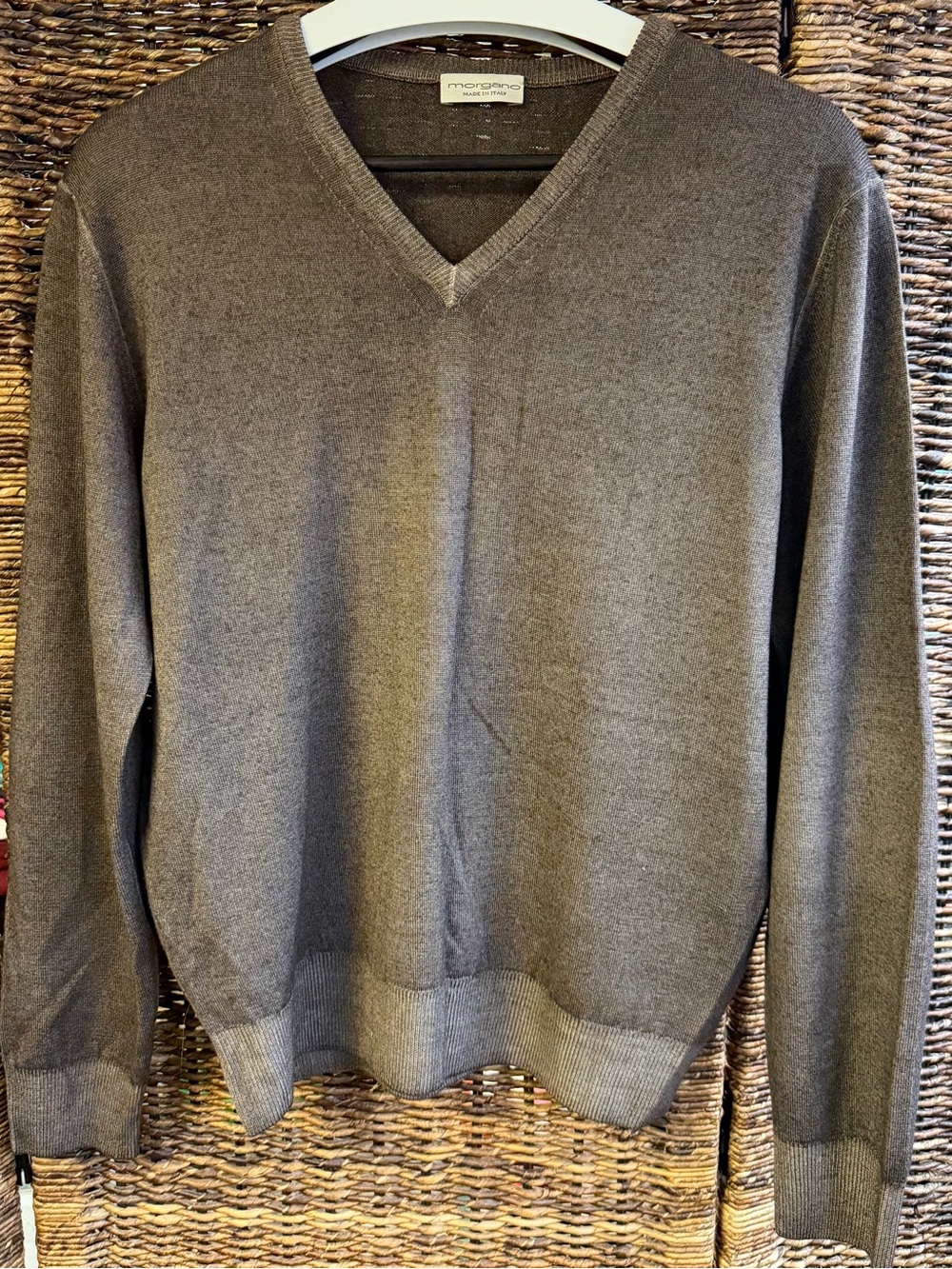 Morgano- Men's V-Neck Sweater in Heather Brown- Size:50, Made in Italy
